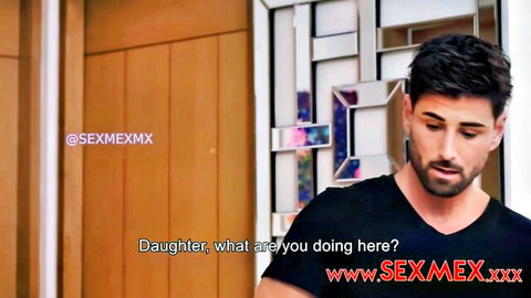 Latino man in black shirt surprised, confronting daughter in taboo consoling scene