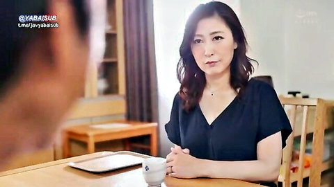 Japanese stepmother in black sleeveless top, sitting intimately with man