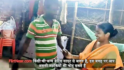 Desi village girl in orange saree with man in amateur couple tease