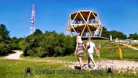 Yaneth Cahuana blonde in leopard dress walks outdoors with man at Pierre Woodman casting