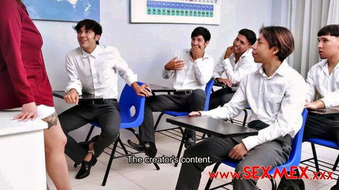 Devil Khloe in red dress seduces horny students in class