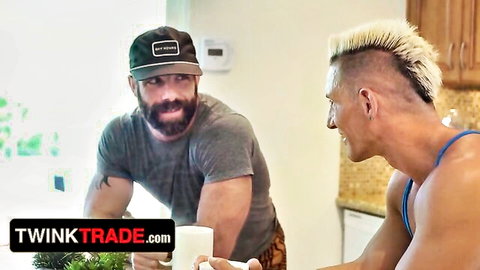 Bearded stepdad chats with mohawk twinky stepson in kitchen, TwinkTrade foursome with Toni Bil