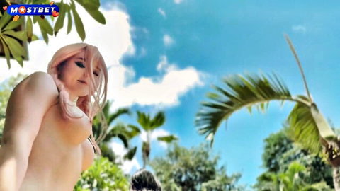 Sweetie Fox pink-haired topless tease in tropical paradise