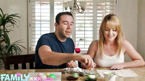Nikole Nash and Will Pounder dyeing Easter eggs together in FamilyXXX scene