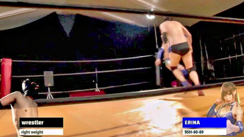 Erotic mixed wrestling: Male grapples curvy Erina in pink gear, ring action