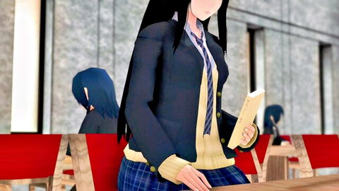 Anime schoolgirl Akiha in sailor uniform holding book with blue-haired friend