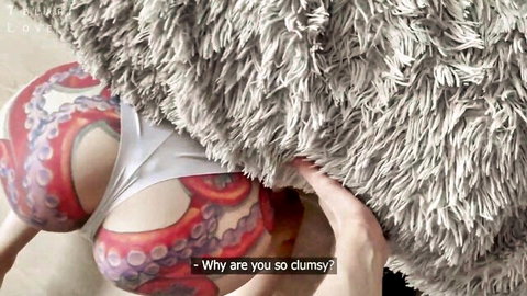 Curvy woman in octopus body paint, bent over with white thong aside, clumsy domestic tease