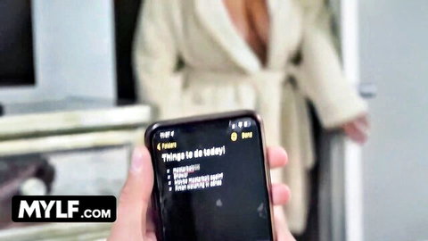Natasha Nice in open robe, big tits tease as stepmom checks phone