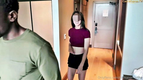 Martha teases BBC in hotel, pink crop top and black shorts