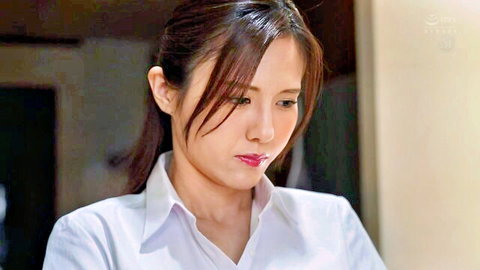 Asian woman with long dark hair in white collared shirt, intense gaze from Secret Affair