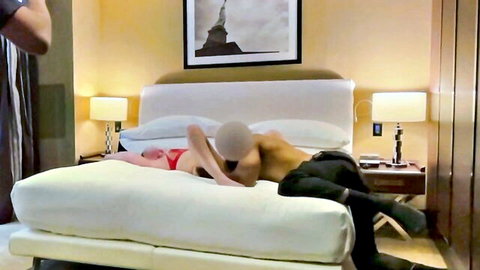 Husband in chastity and wife in red lingerie with BBC lover on bed
