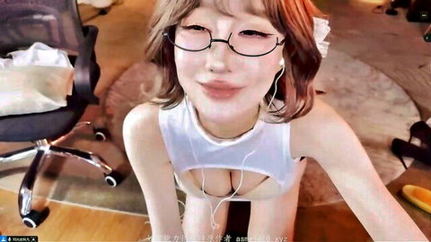 Asian woman with glasses exposing breasts in cropped top, ASMR solo tease