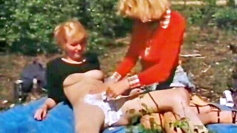 Vintage teen shaving orgy with topless blondes outdoors