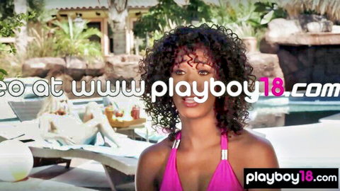 Ebony MILF Misty Stone in pink bikini by pool with busty friends