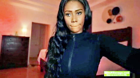 Hot ebony webcam girl pouts plump lips teasing in tight black hoodie bedroom selfie