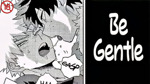Anime gay boys in intimate yaoi embrace with gasping ecstasy and 'Be Gentle' moan