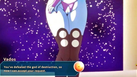 Vados spreads legs exposing shaved pussy in Dragon Ball parody hentai game
