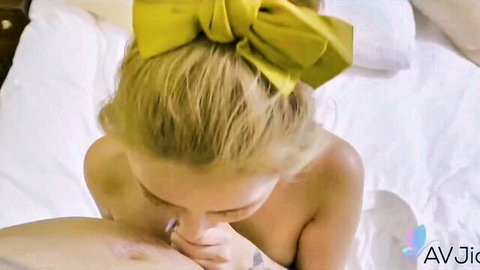Blonde Stacy sucking cock intensely in hotel room scene