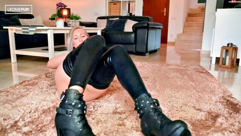 Leonie-Pur in shiny wetlook outfit teasing ass for JOI video