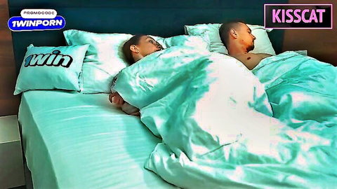 Stepmom and stepson sharing bed after horror movie, intimate cuddle under sheets