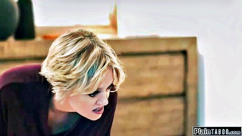 Blonde stepmom in shocked expression, taboo family fuck scene