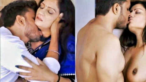Indian MILF Bhabhi passionate sari kiss and nude couple embrace