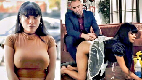 Latina maid big ass pussy exposed on all fours cleaning floor groped by suited old man beside big tits Asian babe