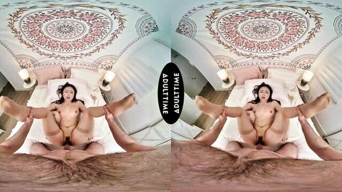 Petite Asian with small tits spreads legs wide for big cock pounding tight pussy in intense POV VR fuck