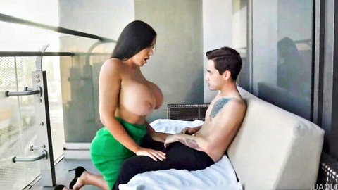 Busty stepmom straddles Juan Loco on balcony, topless in green skirt