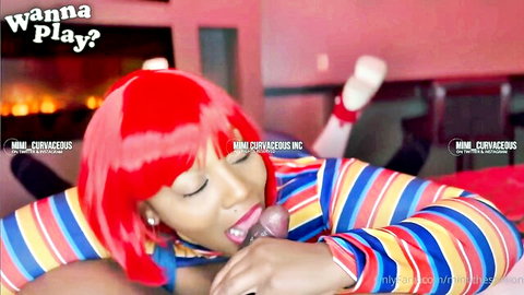Mimi Curvaceous in striped outfit sucking dildo, Wanna Play? red wig blowjob tease