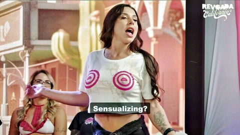 Sensual brunette and blonde in revealing target t-shirts, California TV wet tease