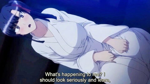 Shocked busty purple-haired hentai girl with massive tits exposed from open white kimono lying down