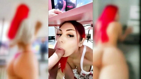 Redhead teen with small tits sucks thick cock POV under pink desk amateur blowjob