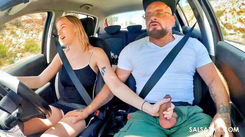 Slutty blonde teen gives handjob to old man in car