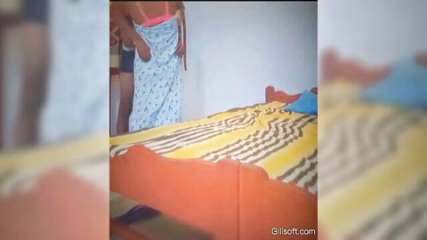 Sri Lankan stepmom in pink bra and blue skirt seducing near bed