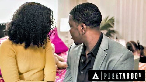 Curly haired black woman in yellow top seduces suited black man on bed in taboo Pure Taboo scene