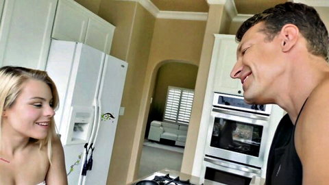 Skylar Valentine hot teen blonde smiling topless with Jerry Kova in kitchen