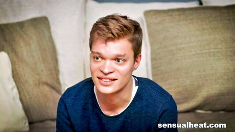 Stacy Cruz sensual scene with smirking young stud in blue sweater