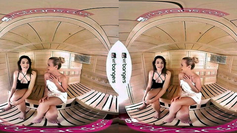 Two trans women in sauna towels, blonde and brunette, teasing for VR threeway