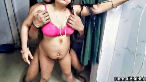 Pregnant Indian MILF in pink bra groped by hands on tits and exposed hairy pussy
