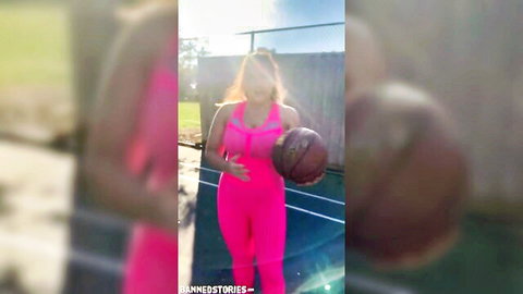 Curvy brunette babe in tight pink bodysuit holding basketball teasing huge tits and big ass on court