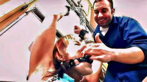 Nikki bound and gagged in nude stockings by man in scrubs, BDSM scene