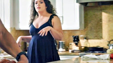 Curvy MILF Lauren Phillips in blue dress teases Isiah Maxwell interracial
