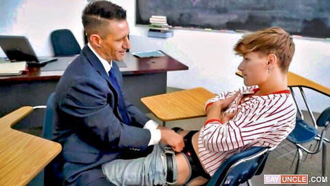 Teacher hand on twink student's thigh in detention school scene