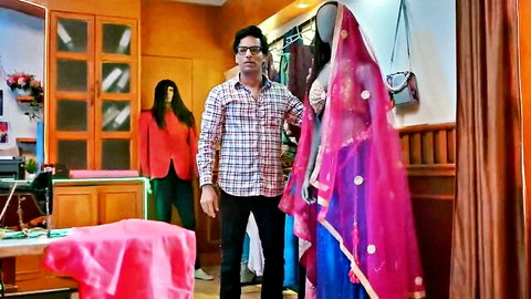 Indian tailor shop scene with mommy in colorful sari and lehenga