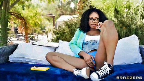 Brianna teasing in tiny denim shorts and glasses outdoors, Brazzers HD