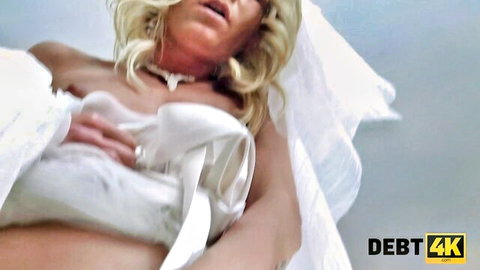 Blonde bride pulls wedding dress down exposing perky tits and squeezes them moaning ecstatically