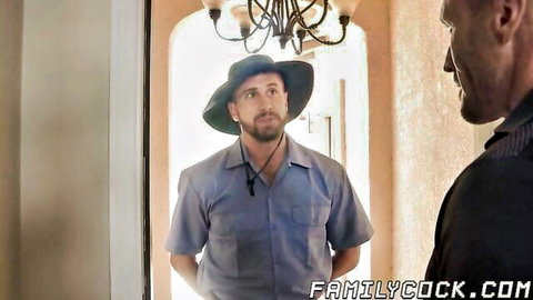 Muscular stepdad in hat embraces jock son in intense gay 3way setup