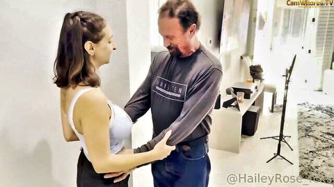 Curvy brunette teen Hailey Rose with huge tits in tank top hugged by old man from behind