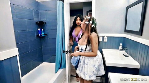 Kai Jaxon and ebony beauty in steamy bathroom tease, Brazzers